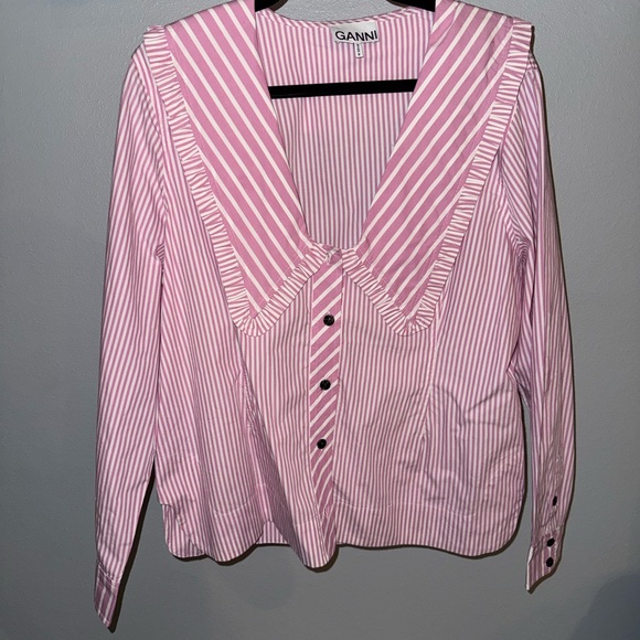 Ganni Pink and White Ruffled Collar Shirt - Picture 3 of 6